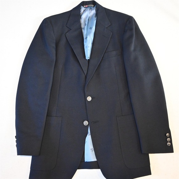 Vtg USA Austin Reed 36R Navy Blue Hopsack Silver Button Blazer Jacket Sport Coat
